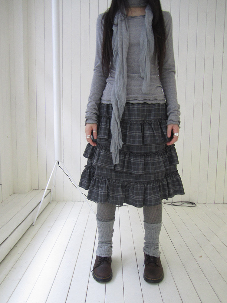 Vintage Gray Plaid Tiered Ruffle Skirt