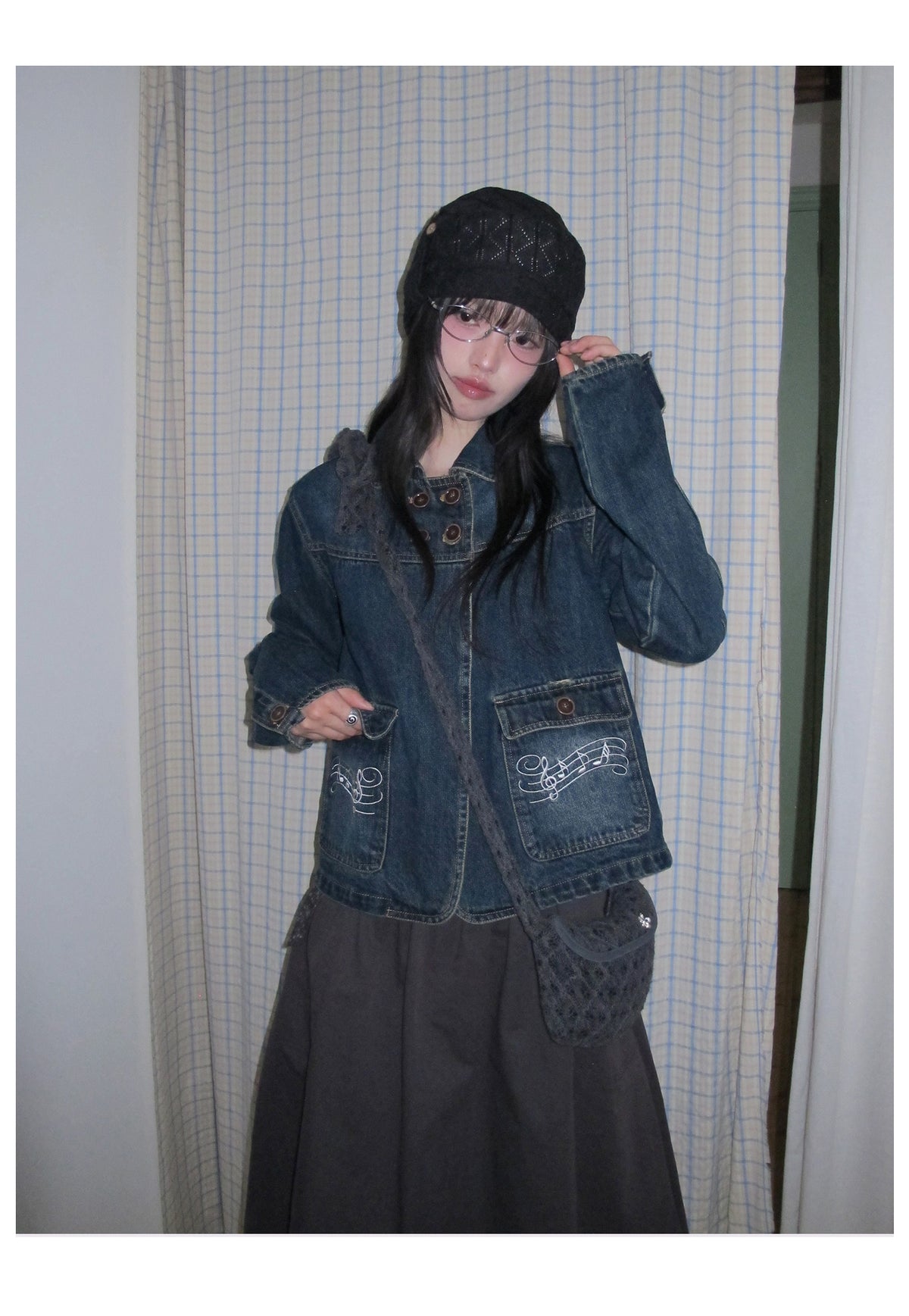 Washed Denim Music-Note Embroidered Jacket