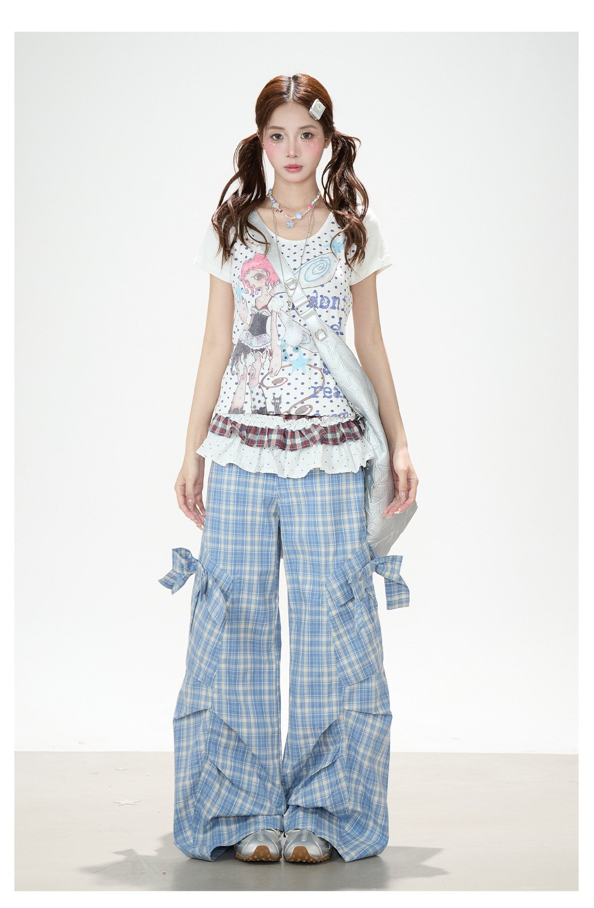Bow Plaid Cargo Wide Leg Pants