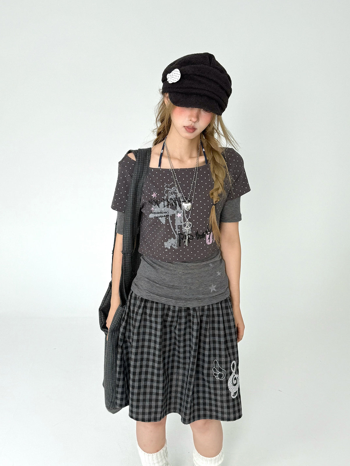 Pastel Anime Plaid Long Sleeve Top & Camo Lace-Trim Midi Skirt