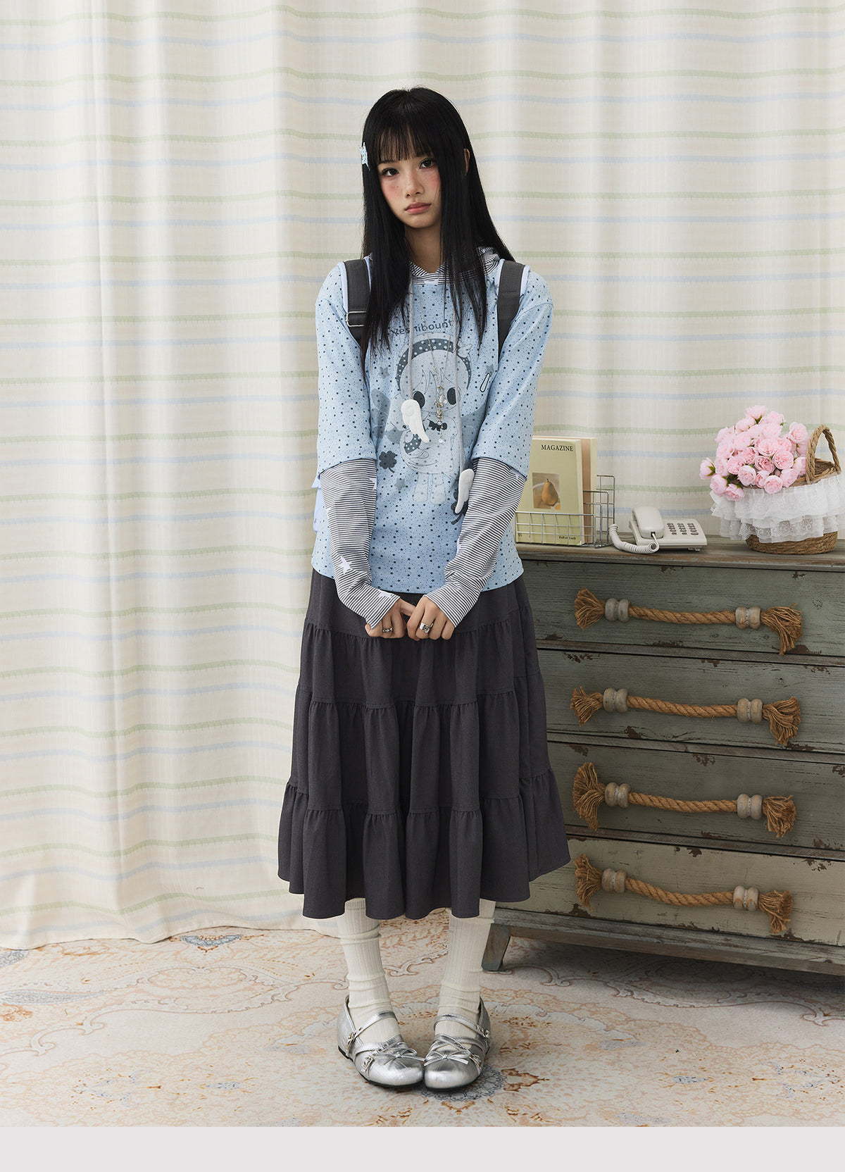 Cartoon Star Print Faux-Layer Hooded Top
