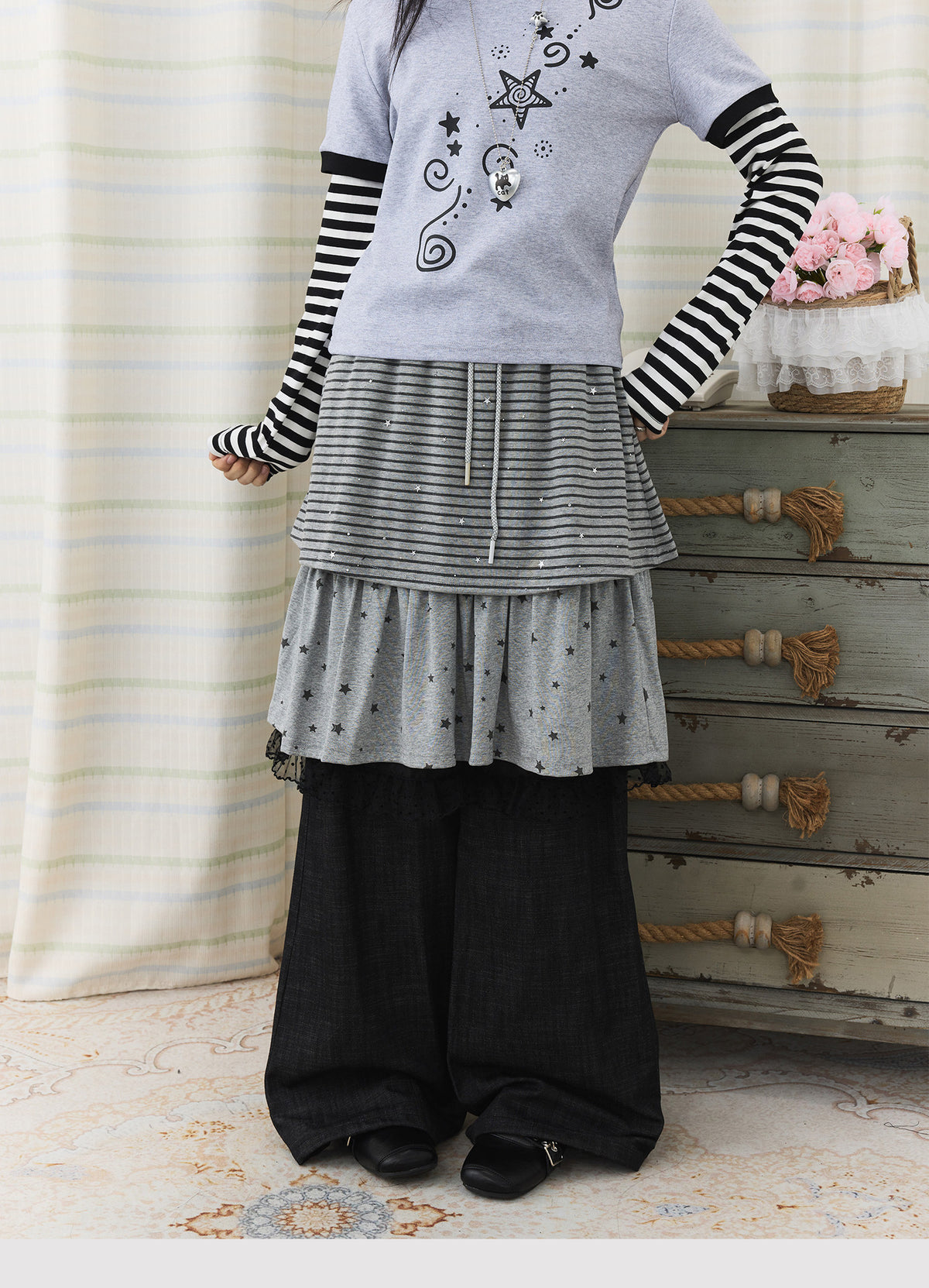 Star Stripe Layered Skirt Wide-Leg Pants