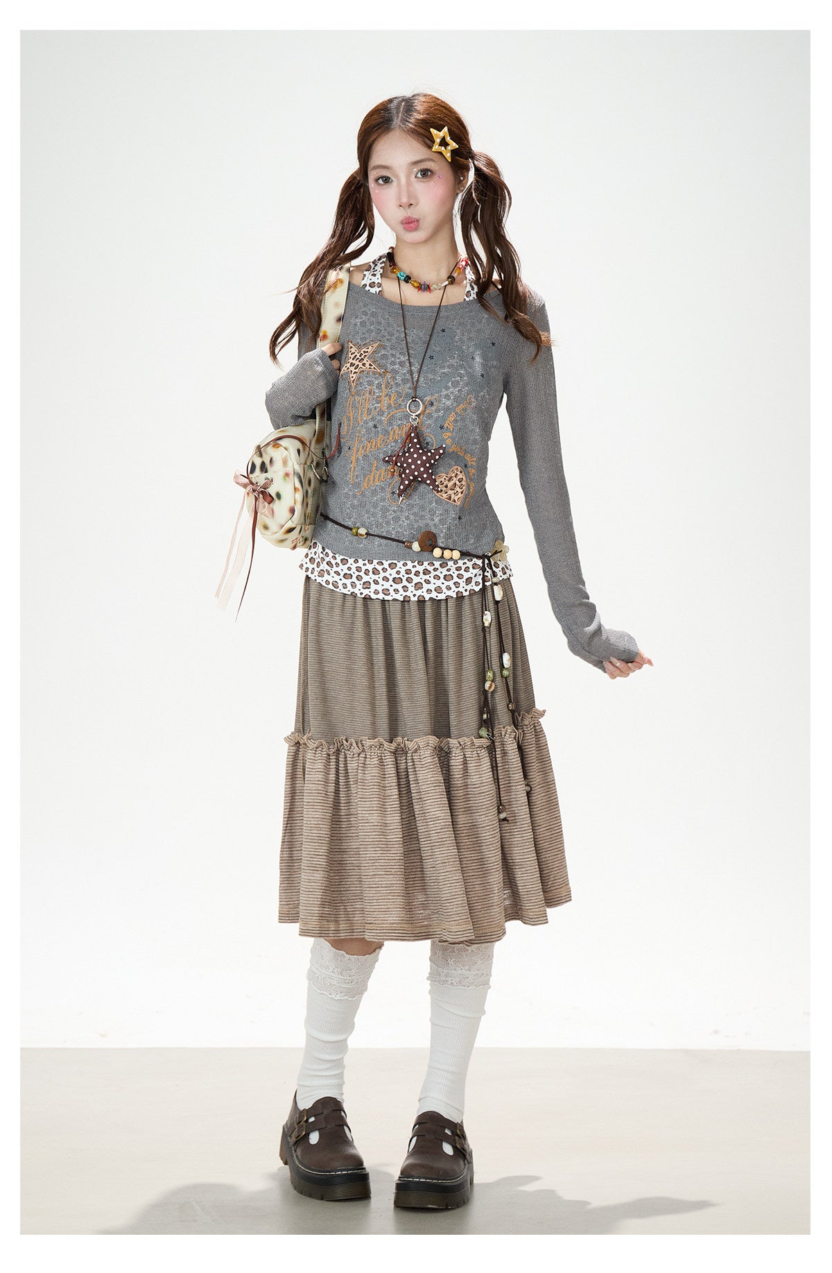 Leopard Faux-Layer Graphic Long Sleeve Top & Striped Tiered Ruffle Midi Skirt