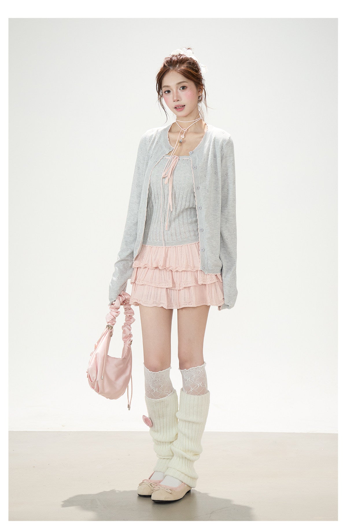 Pointelle Bow Cardigan & Cami Knit Set & Tiered Ruffle Mini Skirt