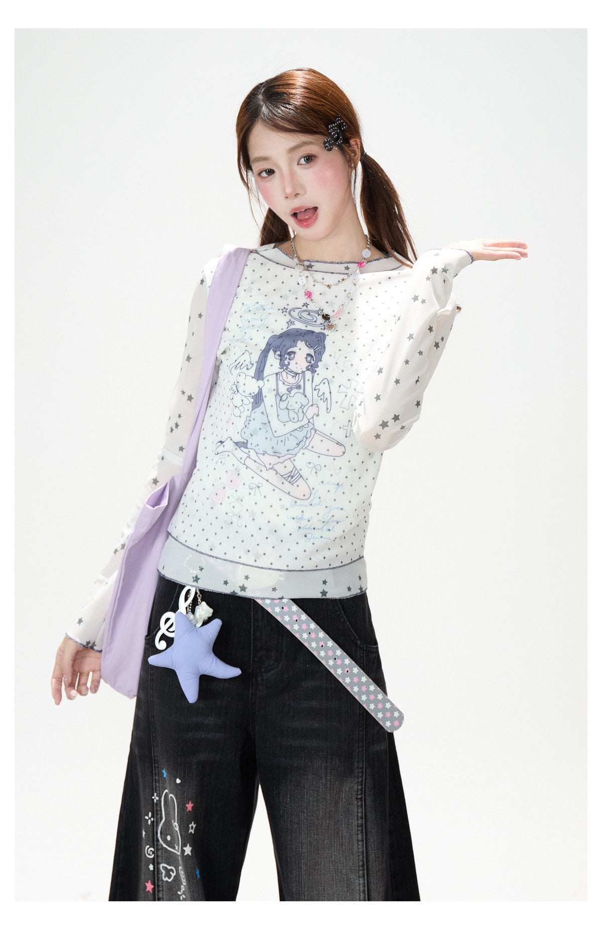 Anime Star Polka-Dot Mesh Long Sleeve Top & Bunny Graphic Wide-Leg Jeans