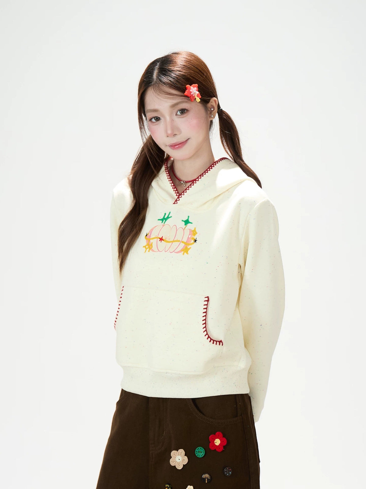 Apple Embroidered Hoodie & Floral Wide-Leg Sweatpants