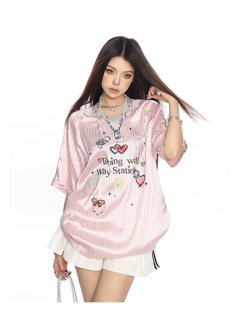 „Doing Well“ Grafik-Trikot-T-Shirt｜Americana Girly V-Ausschnitt Kurzarm gestreift