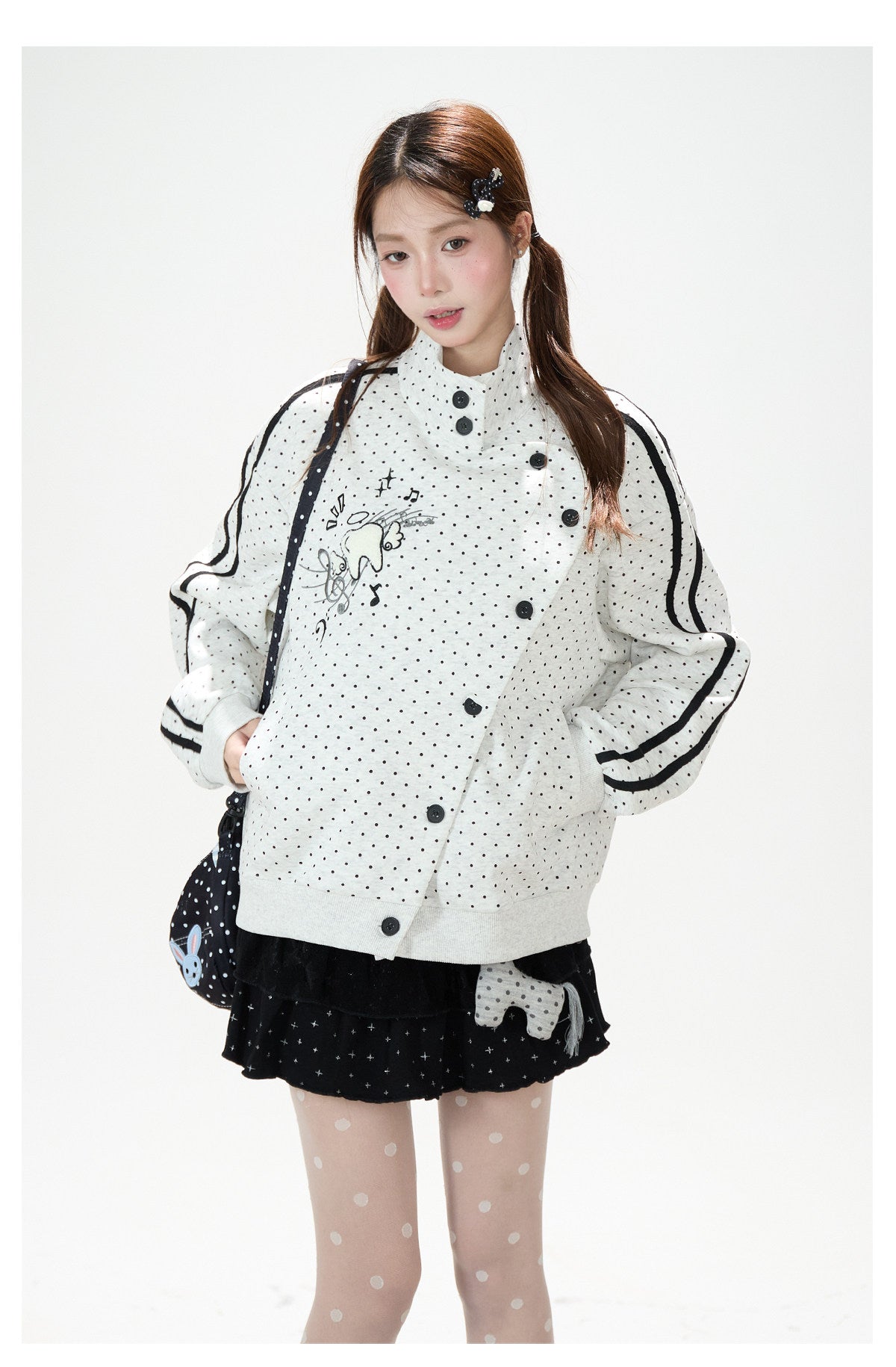 Polka-Dot Stripe Asymmetric Button Jacket & Black Tiered Mini Skirt