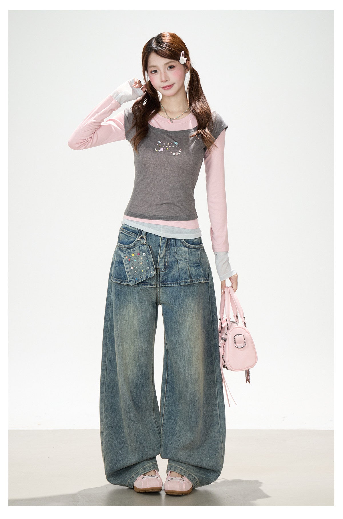 Layered Contrast Long Sleeve Top & Washed Wide-Leg Jeans
