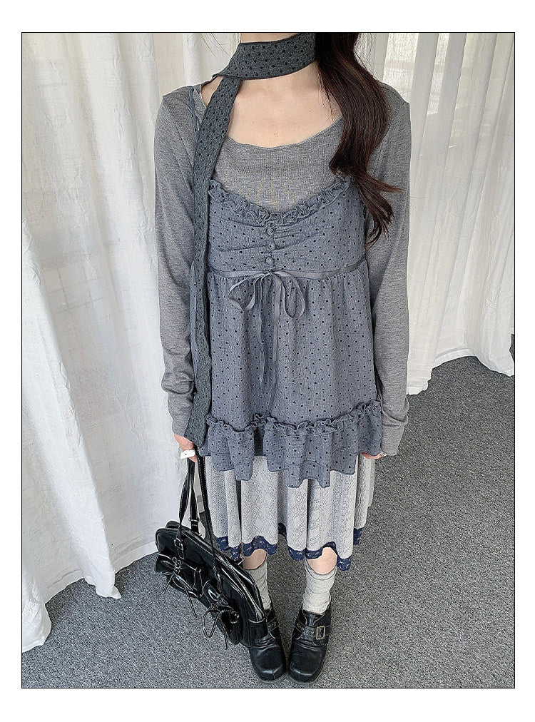 Polka Dot Lace Cami & Long Sleeve Two-Piece Set