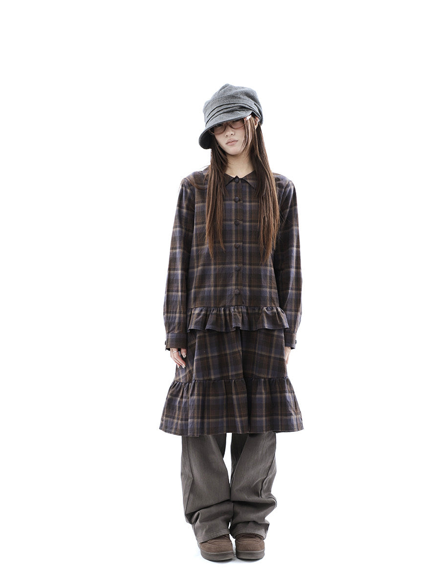 Plaid Ruffle-Hem Long Sleeve Shirt Dress