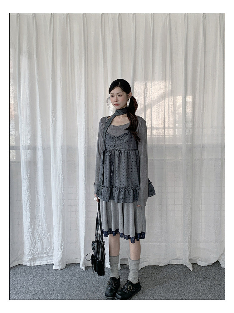 Polka Dot Lace Cami & Long Sleeve Two-Piece Set