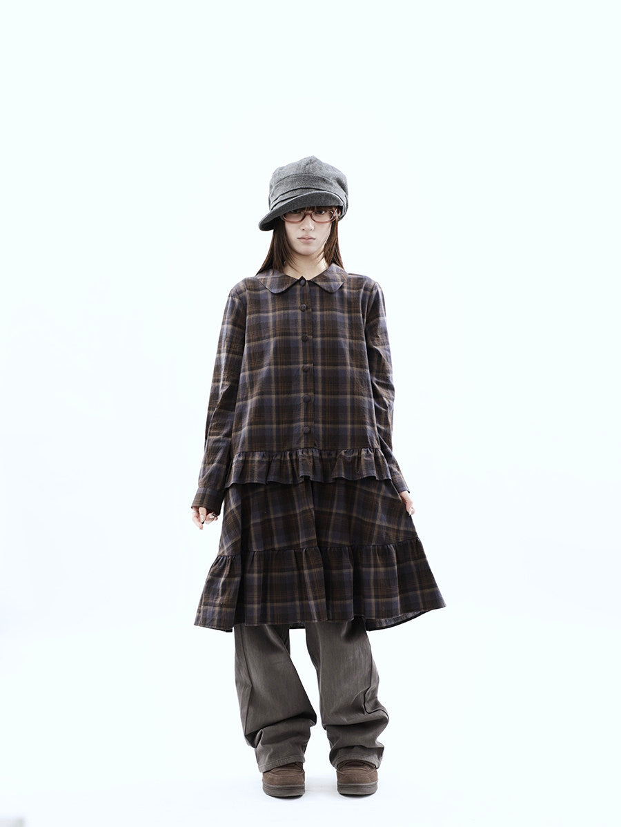 Plaid Ruffle-Hem Long Sleeve Shirt Dress