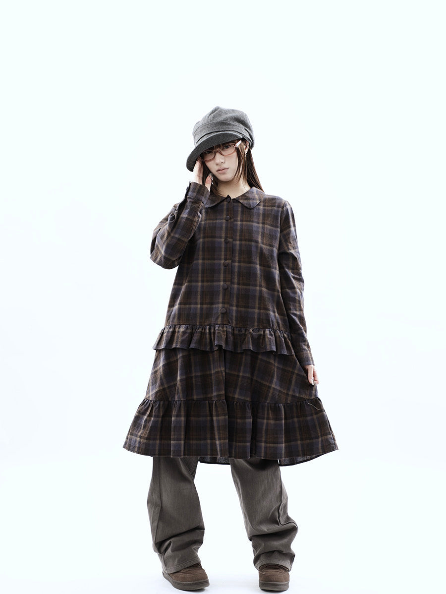 Plaid Ruffle-Hem Long Sleeve Shirt Dress