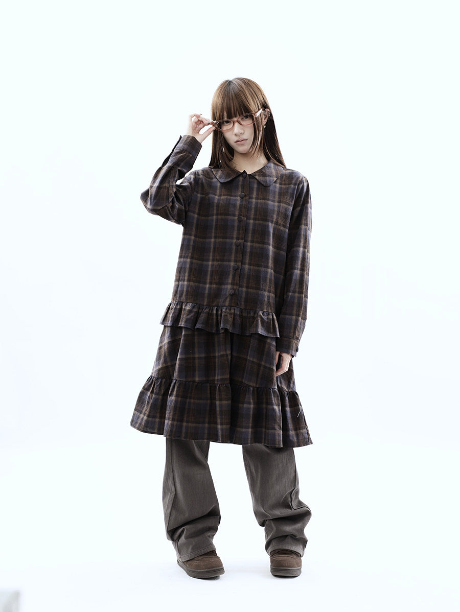 Plaid Ruffle-Hem Long Sleeve Shirt Dress