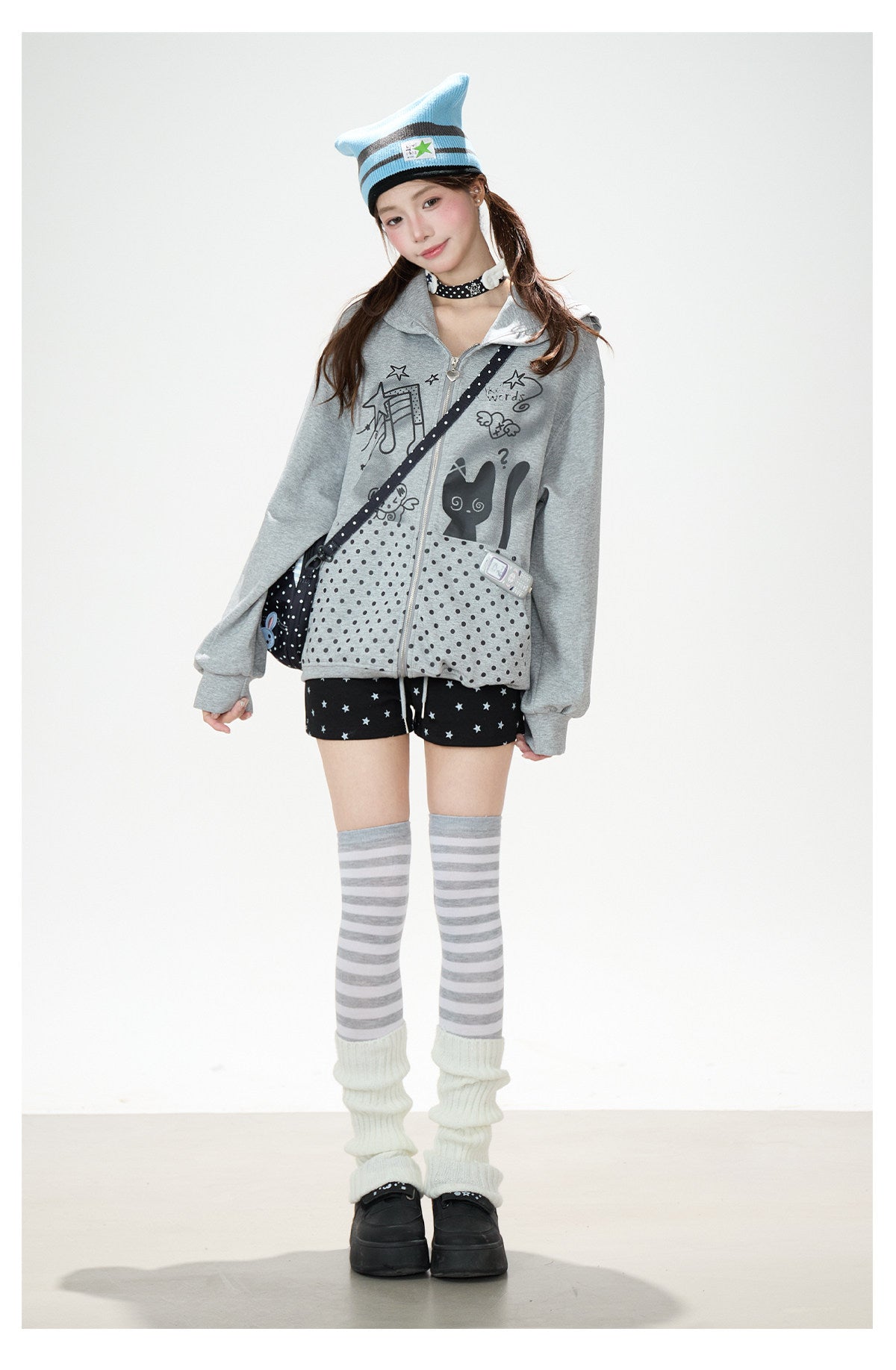 Cartoon Polka-Dot Zip-Up Hoodie & Star Print Shorts