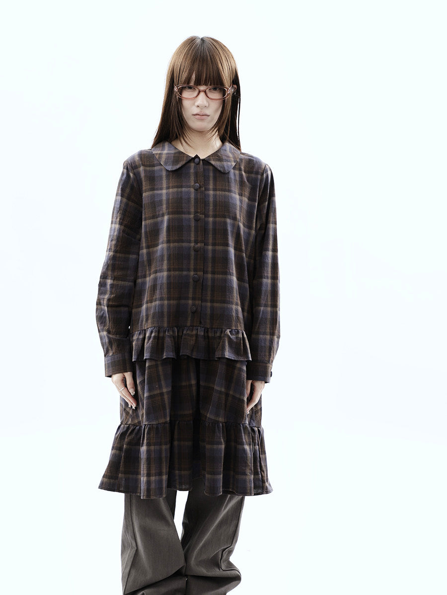 Plaid Ruffle-Hem Long Sleeve Shirt Dress