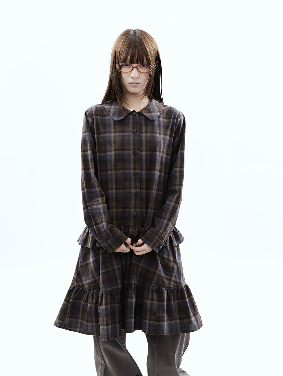 Plaid Ruffle-Hem Long Sleeve Shirt Dress