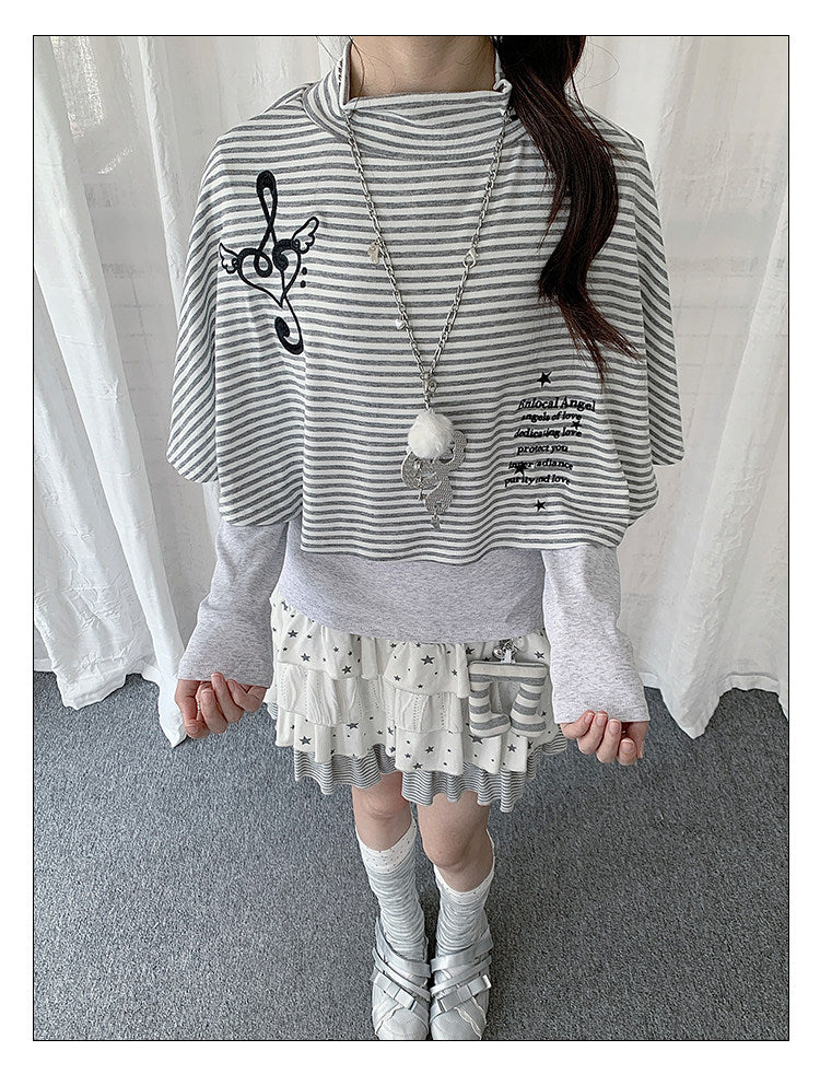 Music Note Striped Cape-Layered Long Sleeve Top