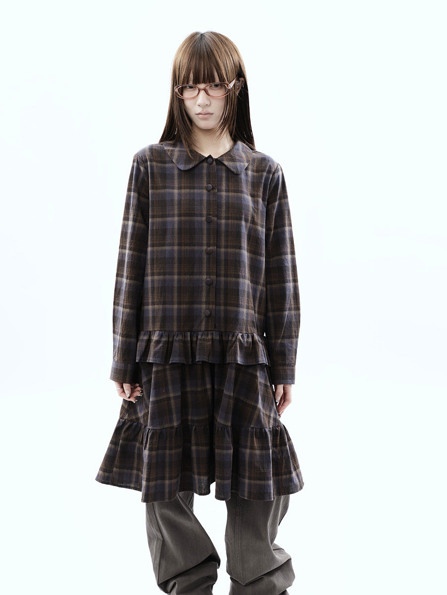 Plaid Ruffle-Hem Long Sleeve Shirt Dress