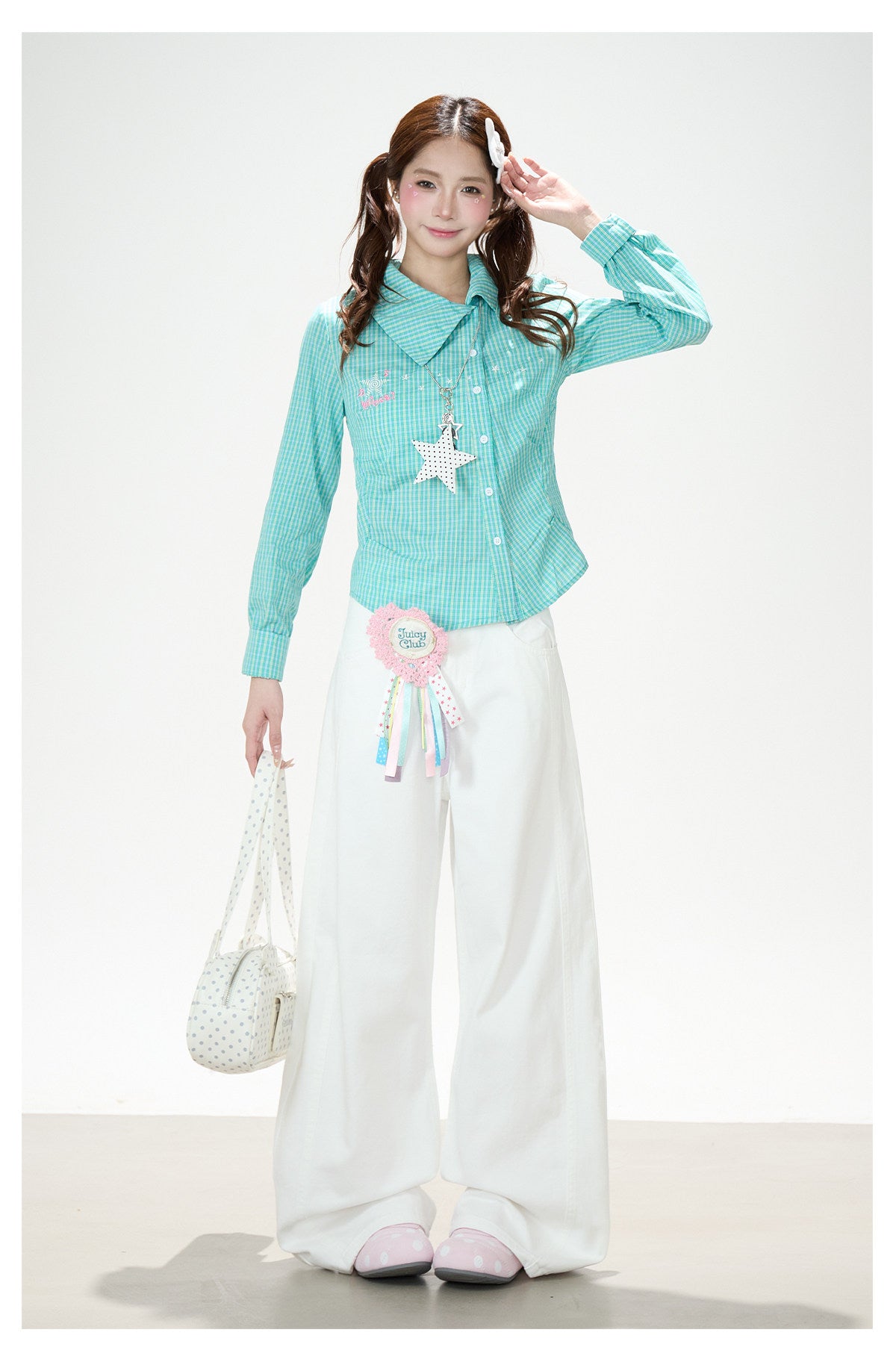 Green Check Fitted Shirt & White Wide-Leg Pants
