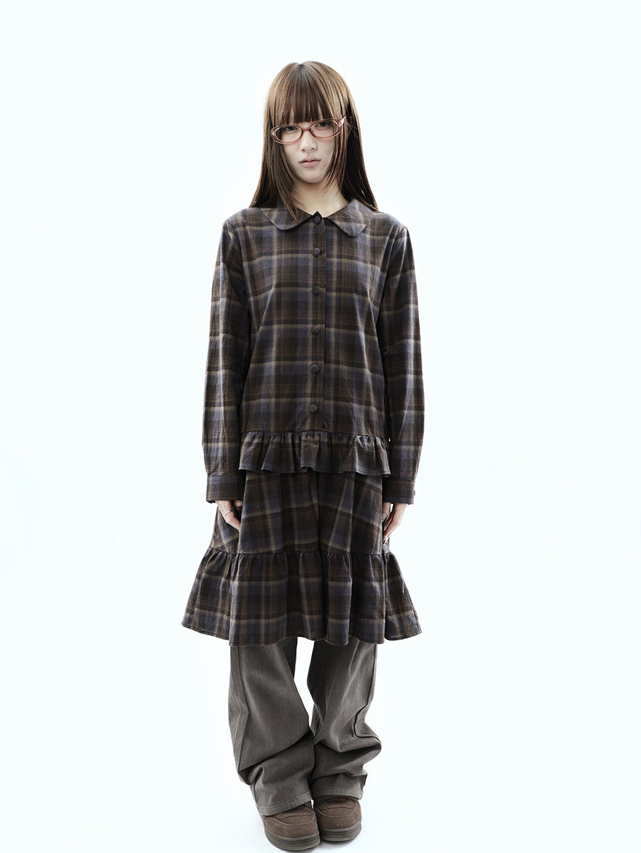 Plaid Ruffle-Hem Long Sleeve Shirt Dress