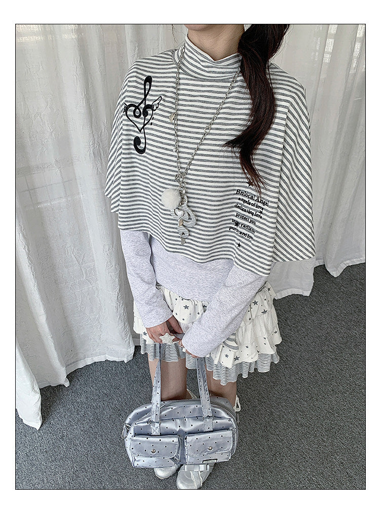 Music Note Striped Cape-Layered Long Sleeve Top
