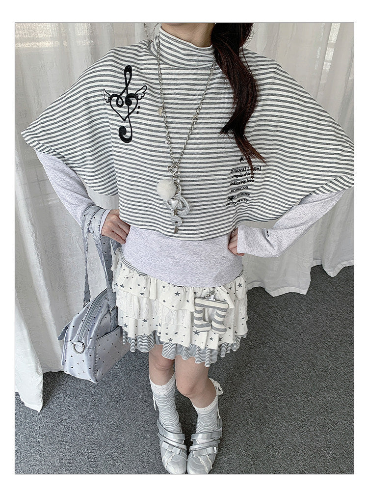 Music Note Striped Cape-Layered Long Sleeve Top