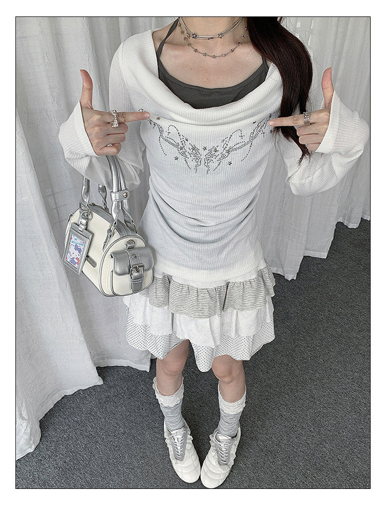 Rhinestone Cowl-Neck Layered Long Sleeve Top
