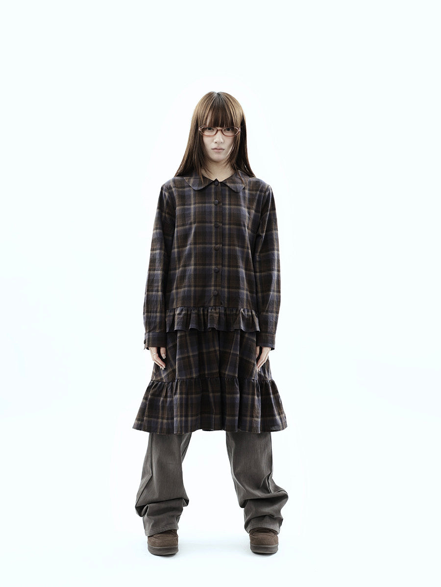 Plaid Ruffle-Hem Long Sleeve Shirt Dress