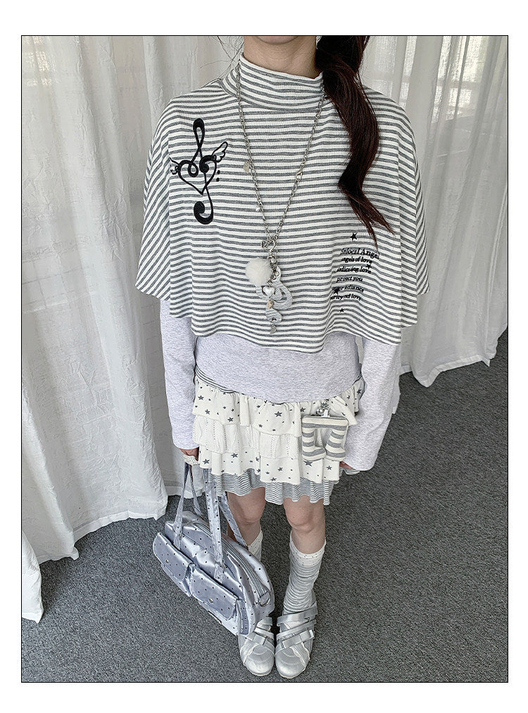 Music Note Striped Cape-Layered Long Sleeve Top