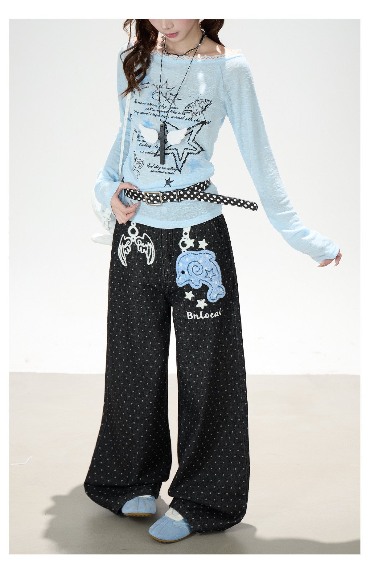 Dolphin Embroidered Polka Dot Wide-Leg Jeans