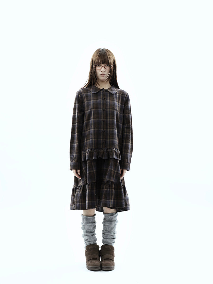 Plaid Ruffle-Hem Long Sleeve Shirt Dress