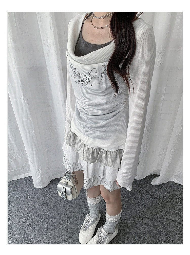 Rhinestone Cowl-Neck Layered Long Sleeve Top