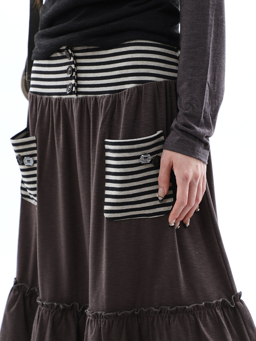 Striped Pocket Ruffle Layered Midi Skirt