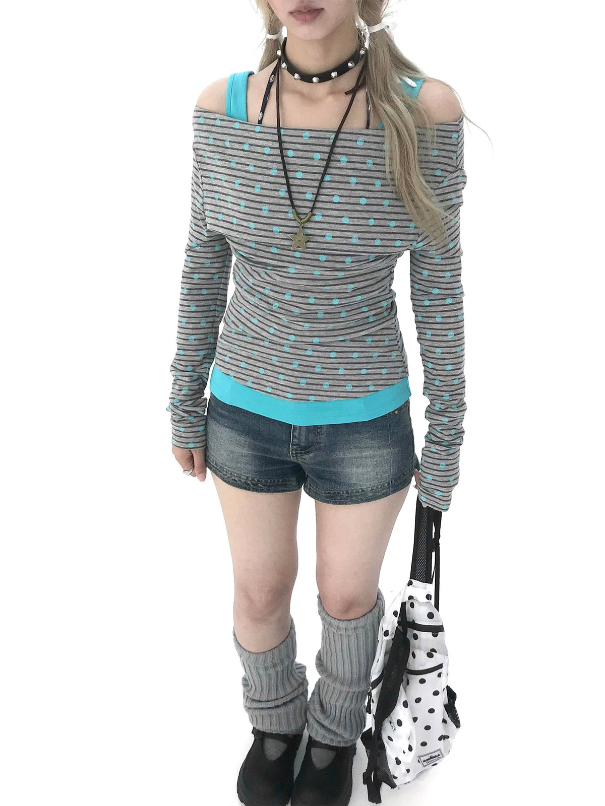 Polka Dot Asymmetric Layered Long Sleeve Top