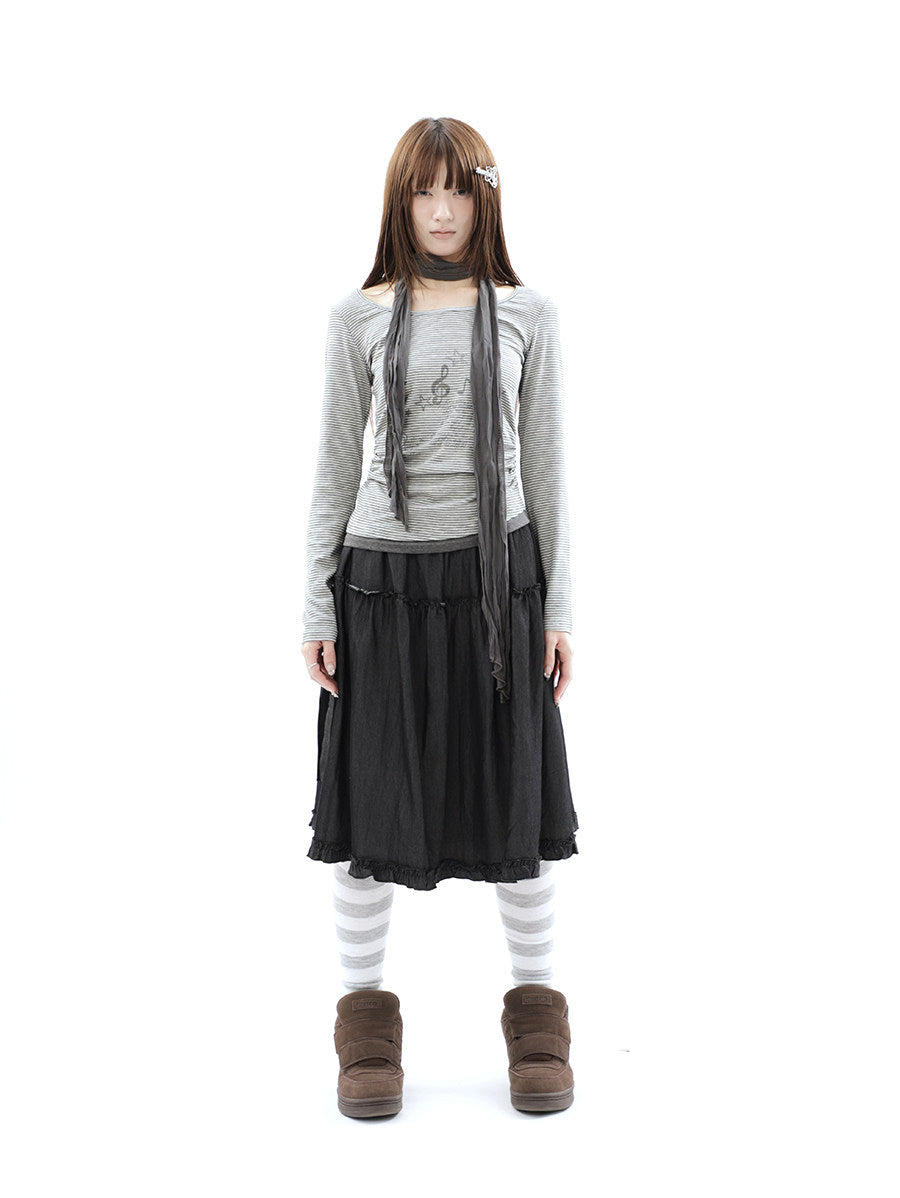 Washed Black Ruffle-Tiered Denim Midi Skirt