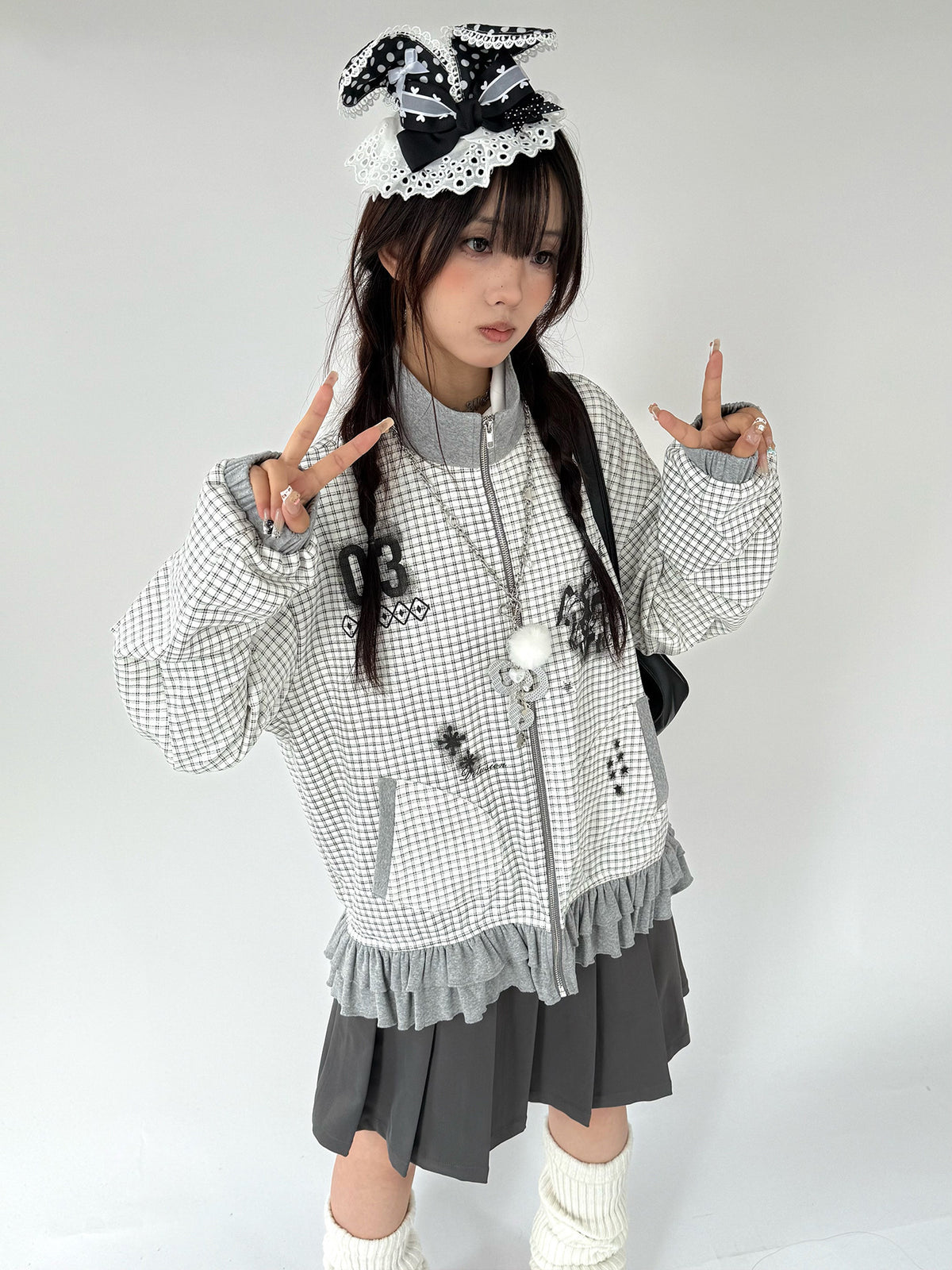 Sugar Check Graphic Ruffle-Hem Zip-Up Jacket