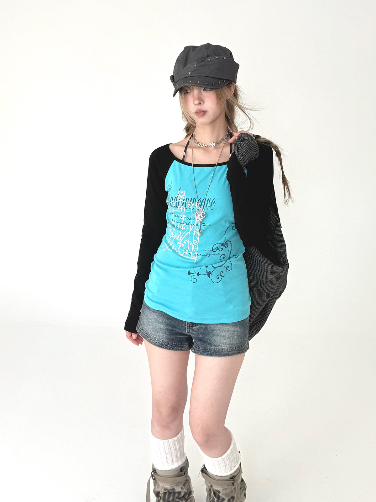 Aqua Contrast Graphic Raglan Long Sleeve Top