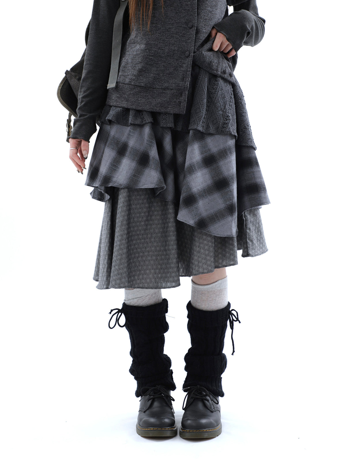 Asymmetric Plaid Layered Midi Skirt