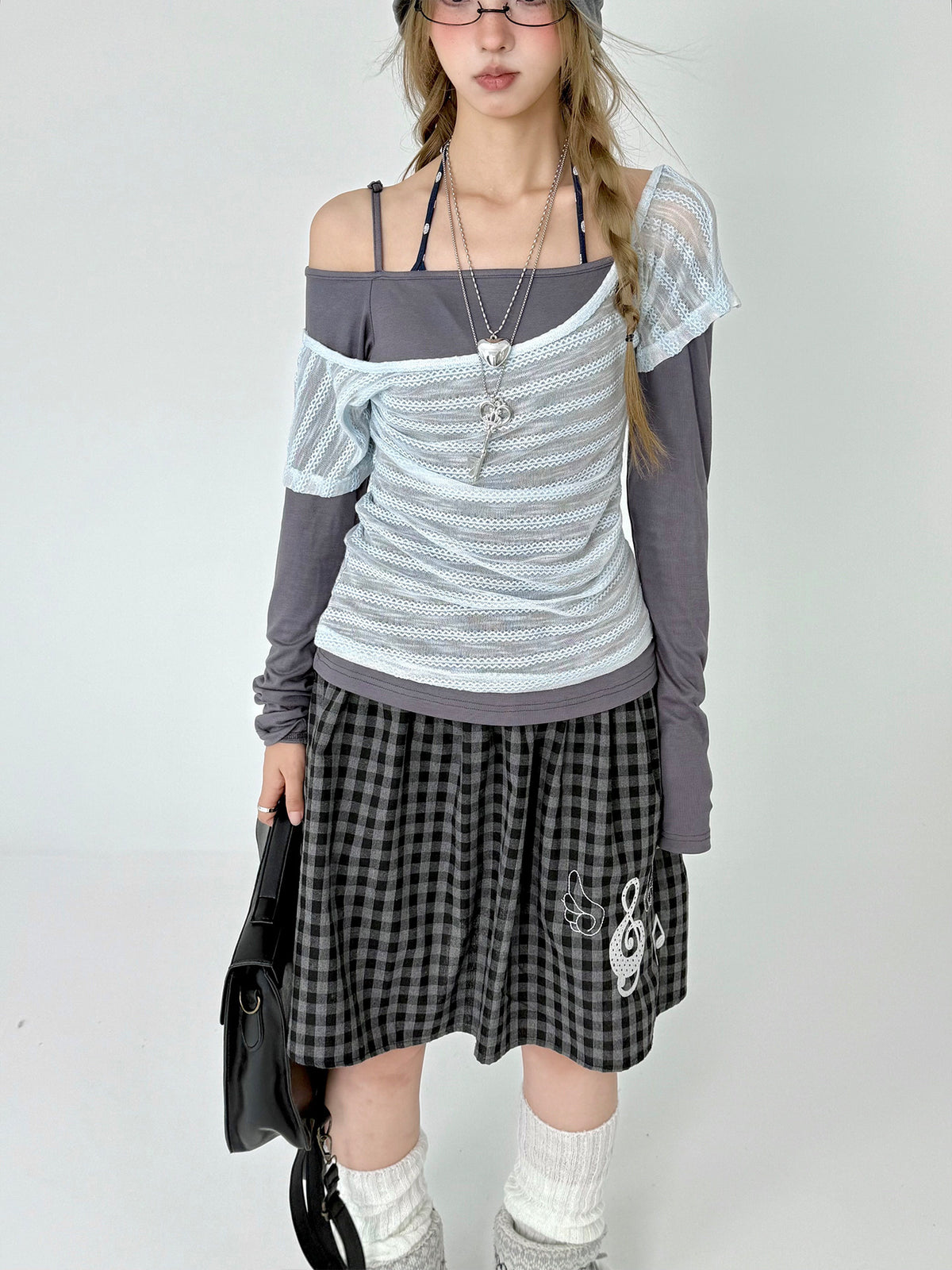Asymmetric Mesh Faux-Layered Long Sleeve Top