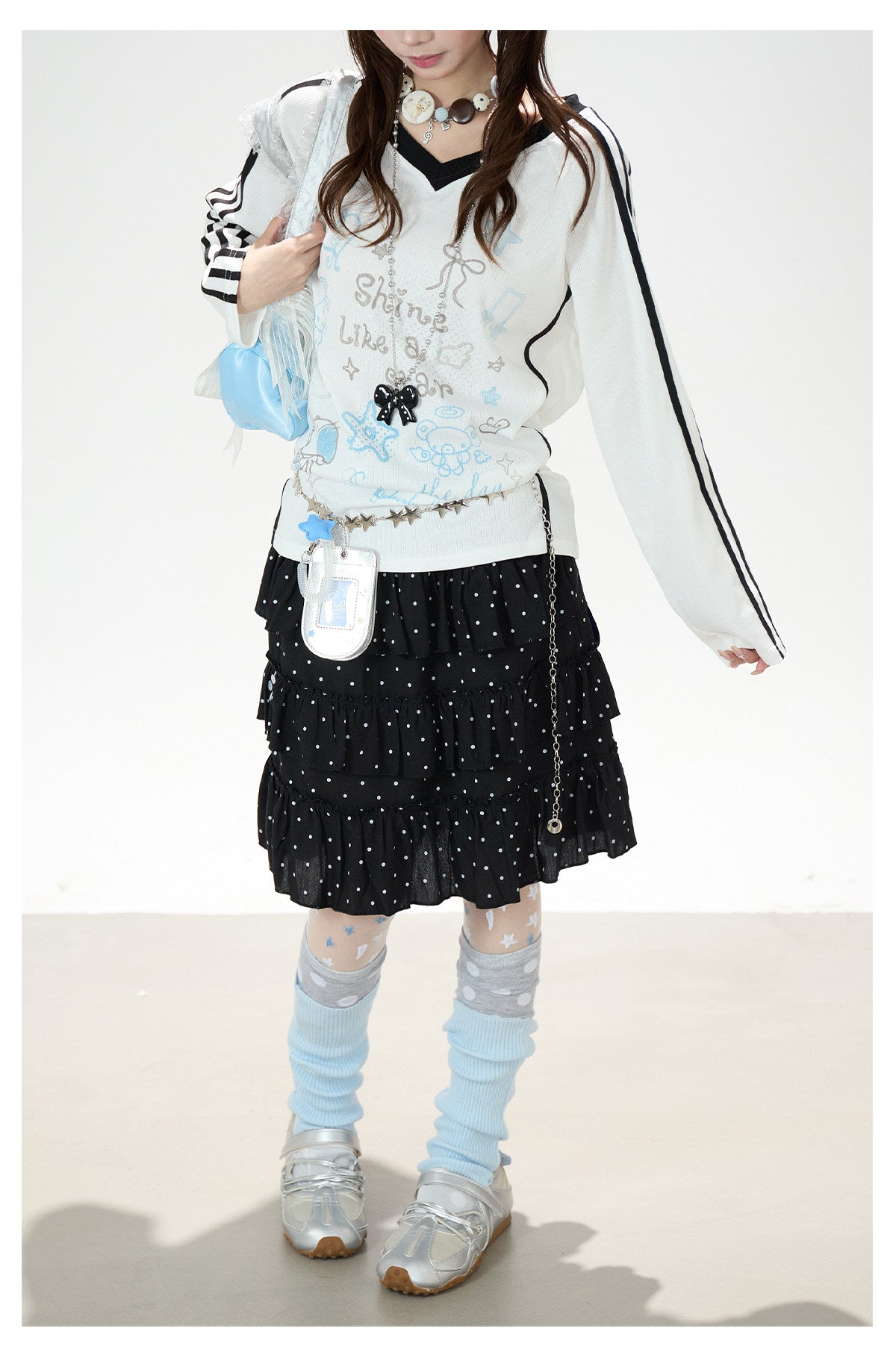 Dreamy Doodle V-Neck Long Sleeve Top & Polka Dot Tiered Ruffle Skirt