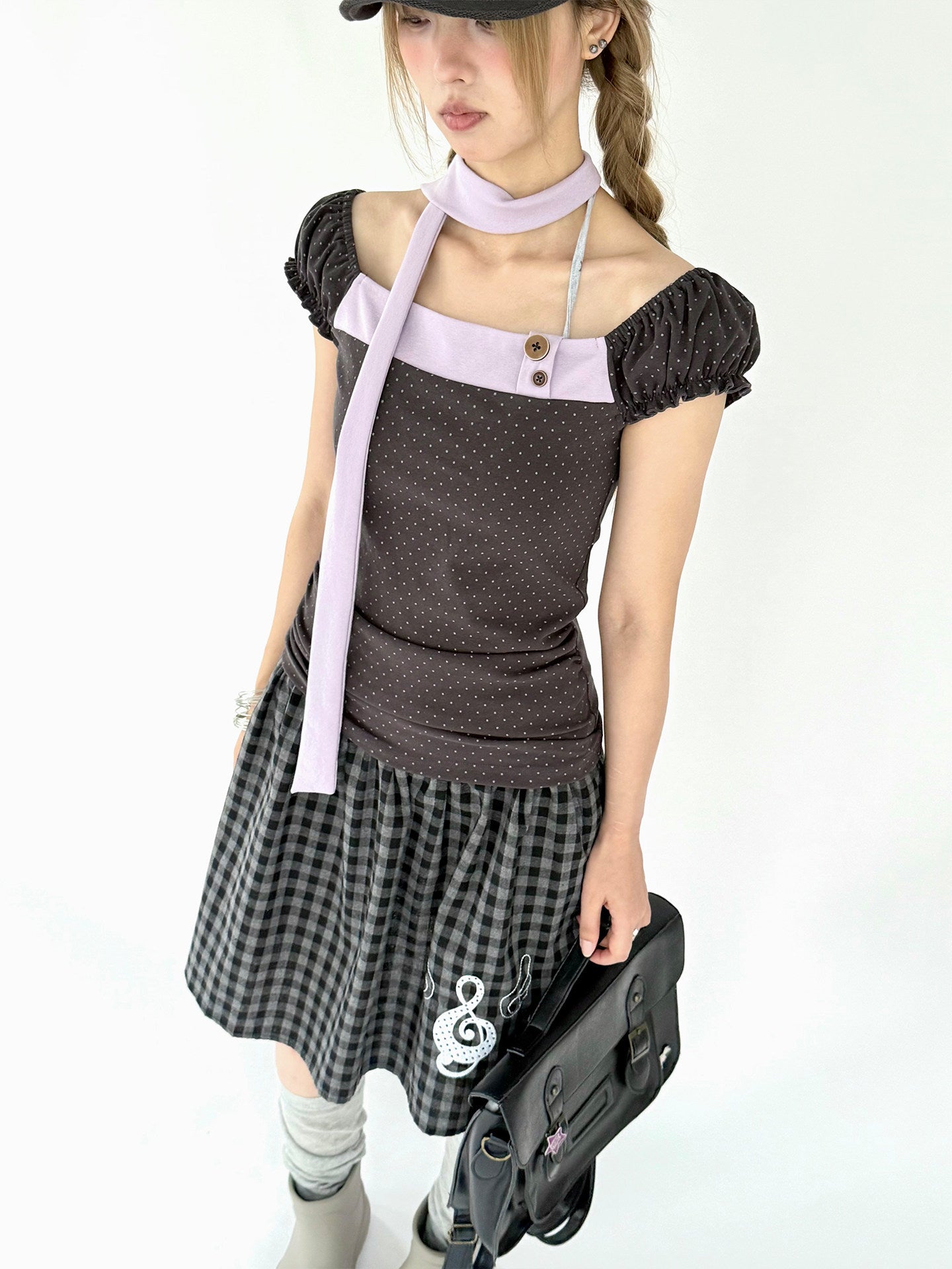 Lavender Bow Polka Dot Fitted Puff-Sleeve Top