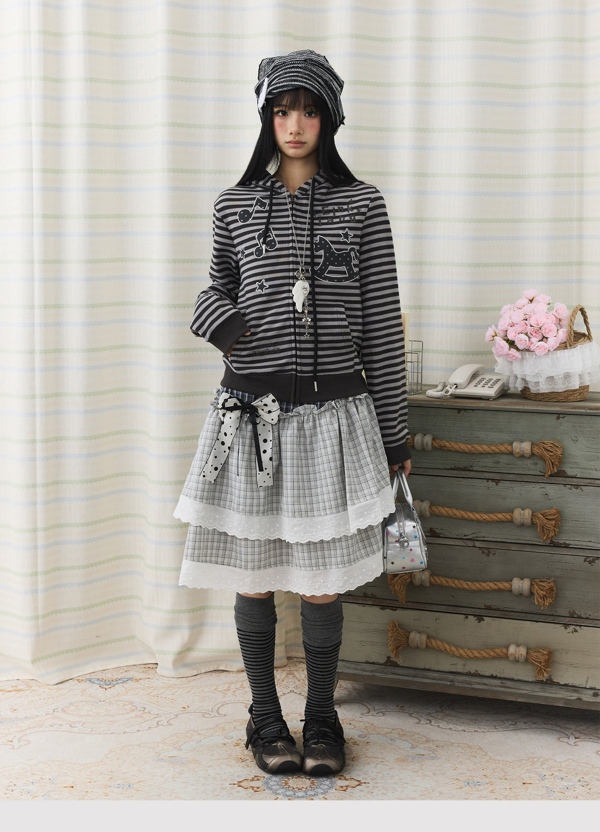 Striped Rocking Horse Embroidered Zip-Up Hoodie