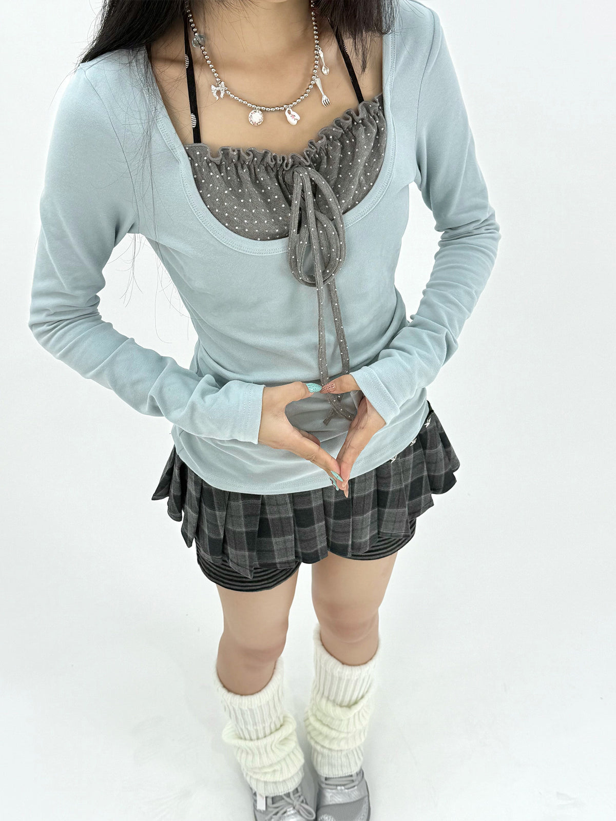 Polka Dot Tie-Front Layered Long Sleeve Top