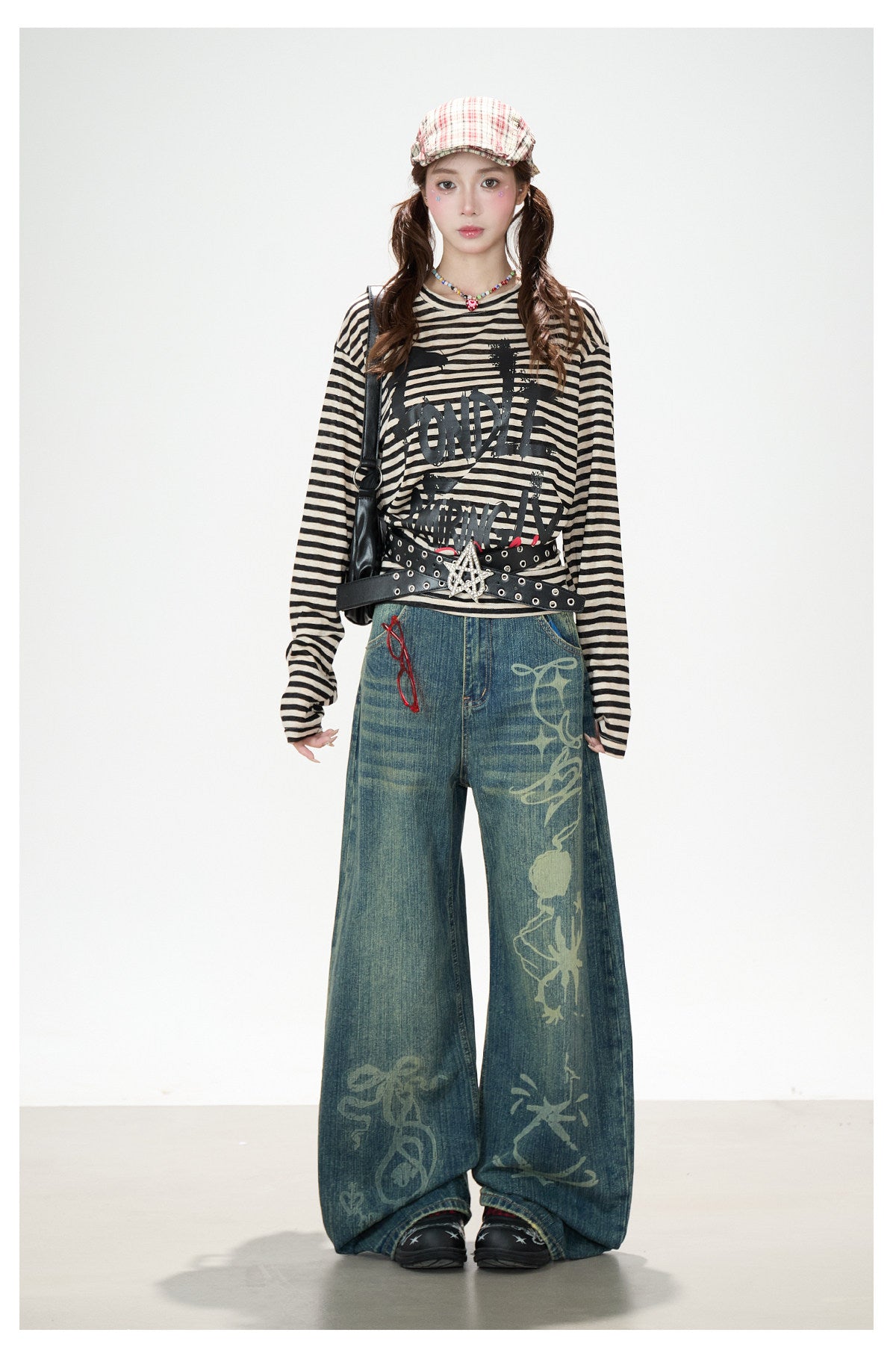 Distressed Striped Long Sleeve Top & Graphic Wide-Leg Pants