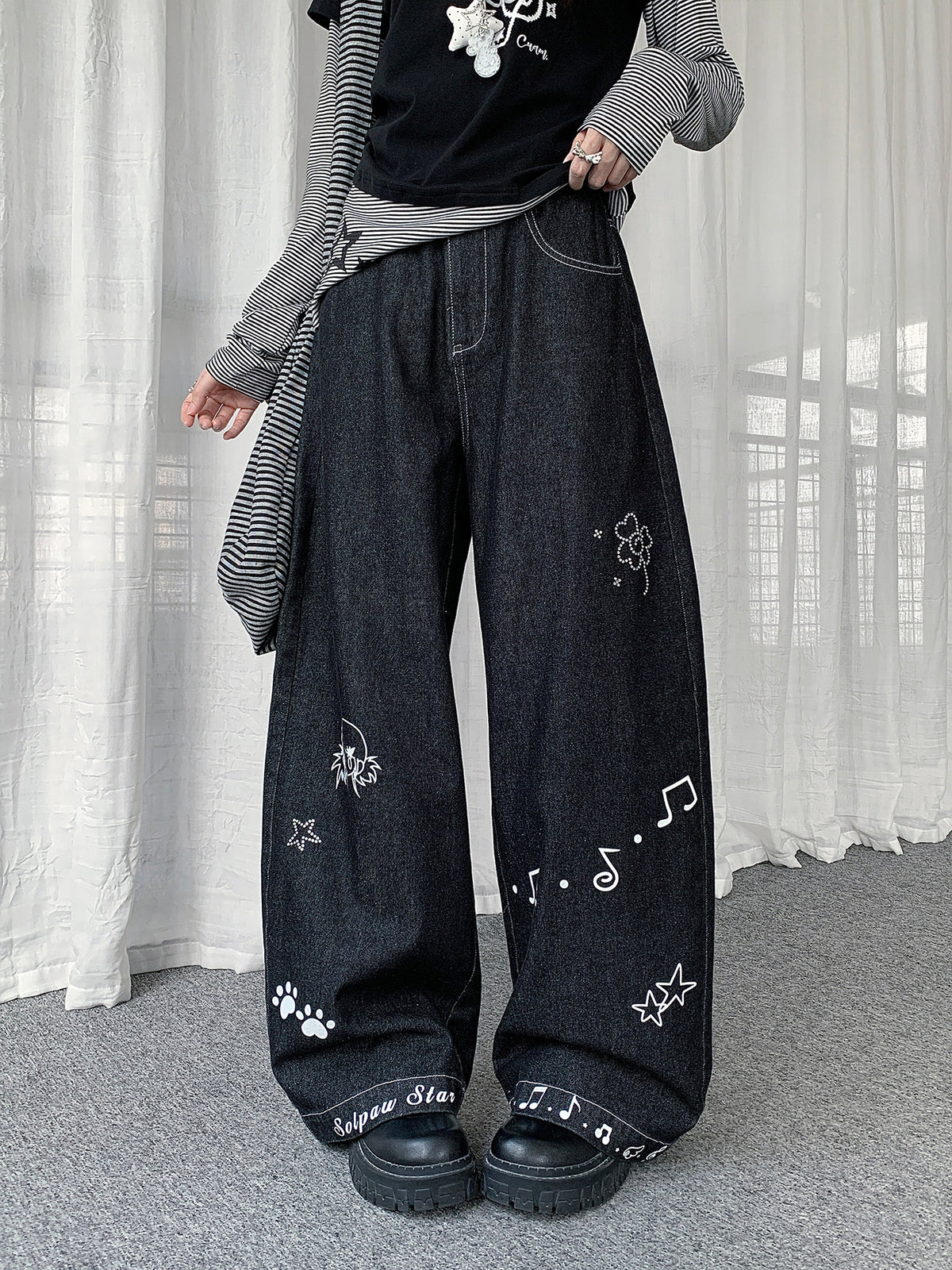 Star Music Note Wide-Leg Denim Jeans