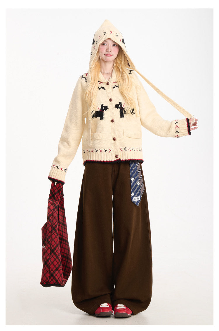 Curved-Leg Wide-Leg Pants with Detachable Tie