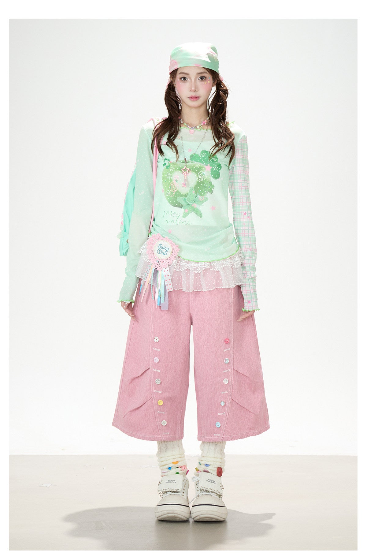 Apple Plaid Mesh Long Sleeve Top & Pink Polka Dot Wide Leg Pants