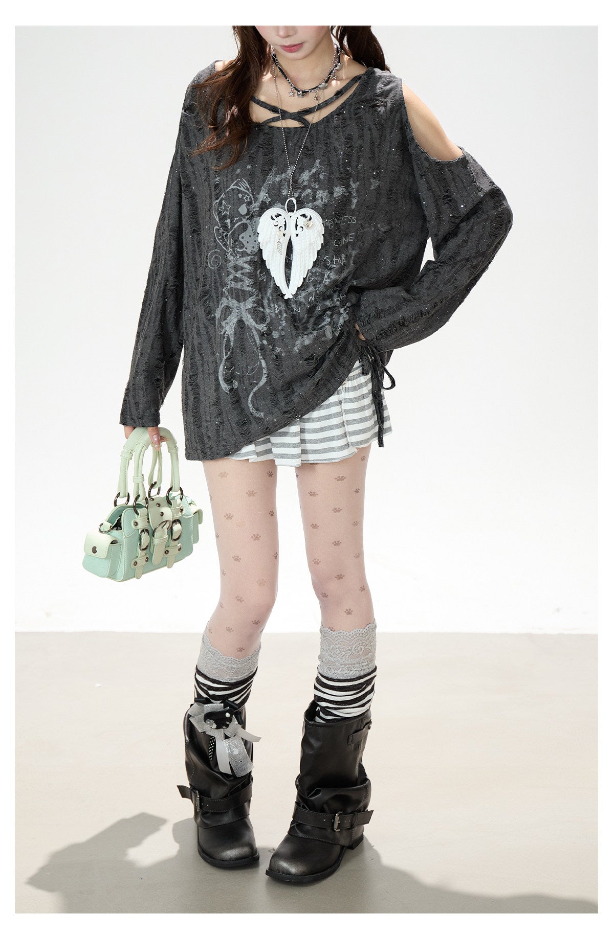 Distressed Cold-Shoulder Graphic Long Sleeve Top & Striped Drawstring Ruffle Mini Skirt